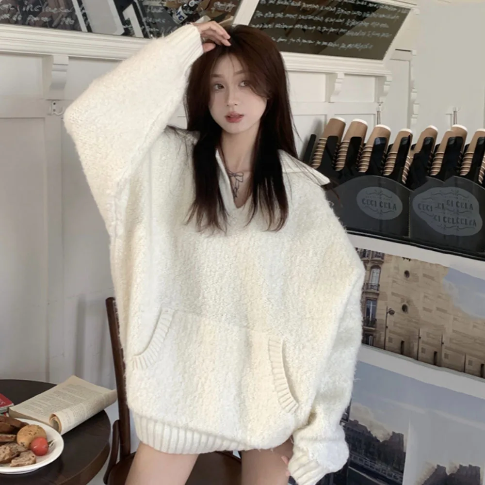 

Winter Oversized Soft Glutinous Women's Sweater Loose Lazy Style Retro Advanced V-neck Knitwears Japanese Student Girl Pullovers