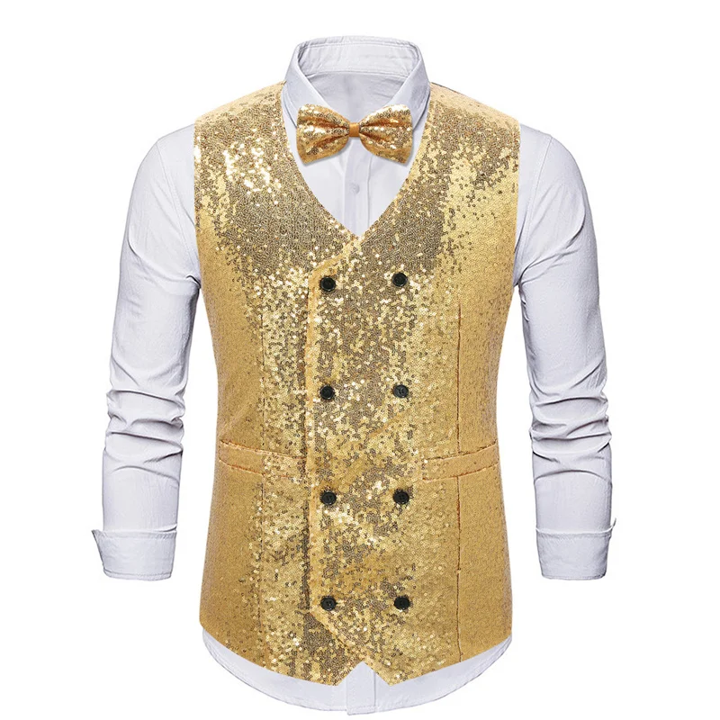 New Men Luxury Double-breasted Sequins Suit Vests Loose Splicing Tops Fashion Singer Stage Performance Dress Waistcoat