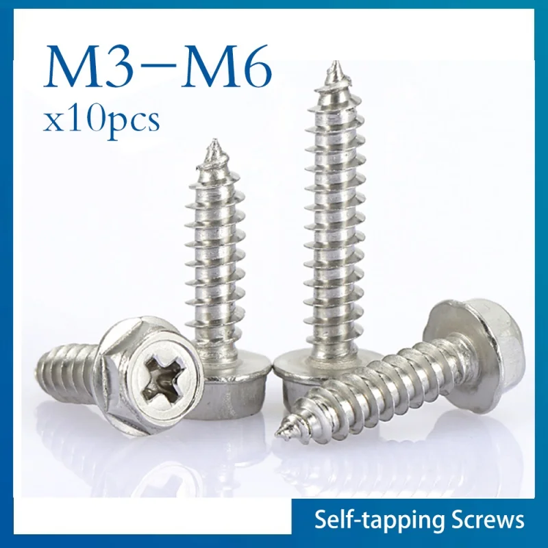 10pcs/lot M3 M4 M5 M6 Phillips Driving Hexagon Head Flange Self Tapping Screws With Washer 304 Stainless Steel Cross