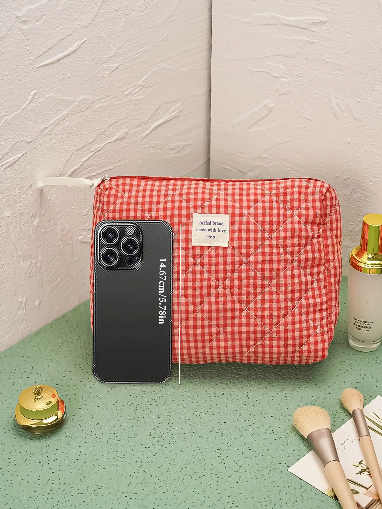 Korean Style Grid Cosmetic Pouch Organizer for Students Large Capacity High Fashion Quilted Cotton Hand Sewn Shower Bag