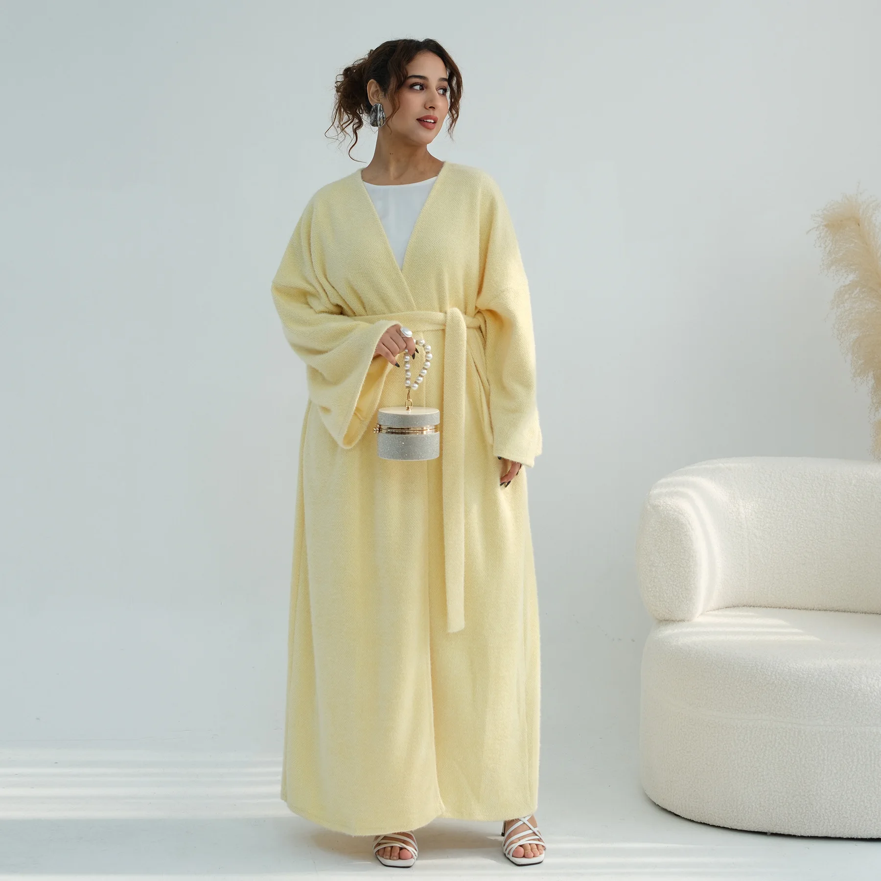 

Осень-зима плотный вязаный длинный халат кардиган Дубай Абая Ближний Восток мусульманское платье кафтан женское кимоно исламская одежда Джалабия