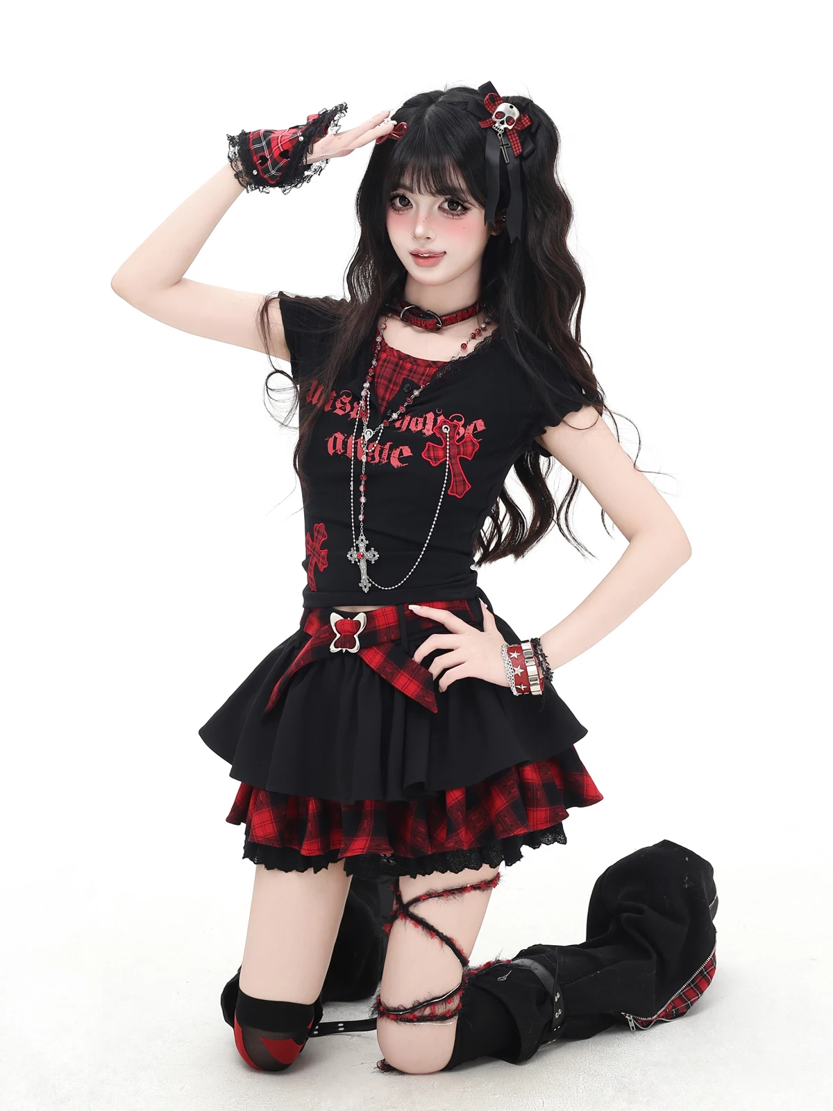 Original Subculture Punk Style Mini Skirt Girl's Sweet Cool Low Waist Slim Lace Edge Cake Skirt Woman's Plaid Splicing Skirts