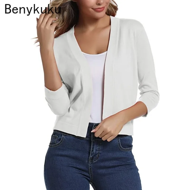 Black White Knitted Open Stitch Cardigans for Women Solid Color Knitwear Coat Elegant Basic Short Coat Womens Bolero Sweater Top