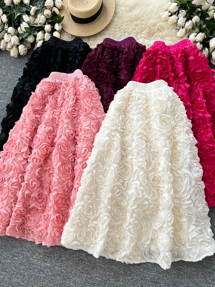 

High Waist f Skirt Women's Faion Spring Summer Autumn Winter Floral 3D Print Slimming Puffy Skirt French Sle A-Line