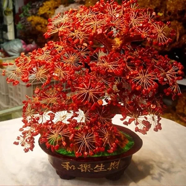 

Home Shop Company Money Drawing Good Luck propitious Red Coral crystal Pachira Tree FENG SHUI statue talisman