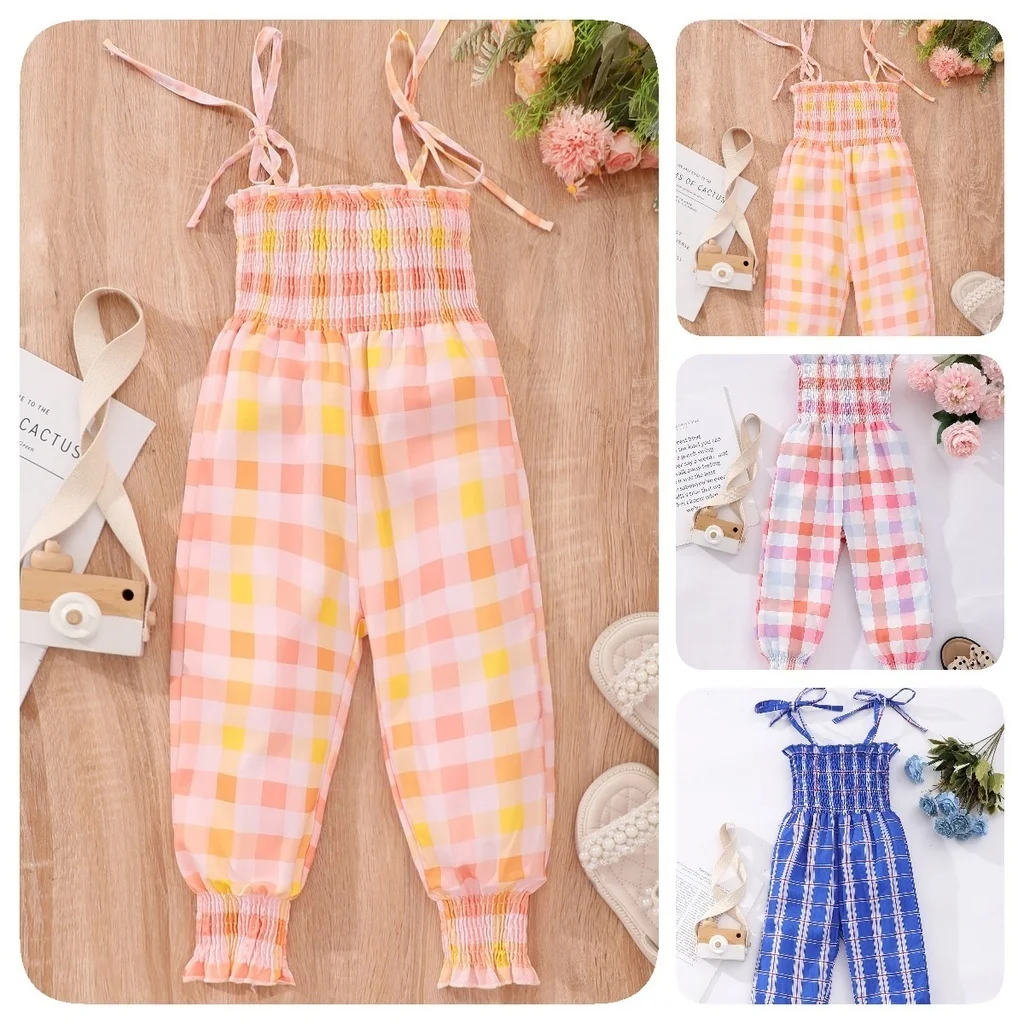 

2024 Fashion Jumpsuit Kids Girl Bodysuit 3 4 5 6 7 8 Years Summer Sling Casual Sweet Plaid Baby Girls Playsuits Children Clothes