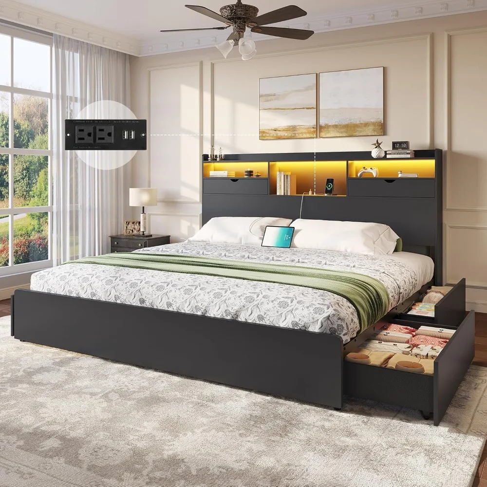 California King Bed Frame with Bookcase Headboard and 4 Storage Drawers, Black Platform Bed with LED Lights and, Customized