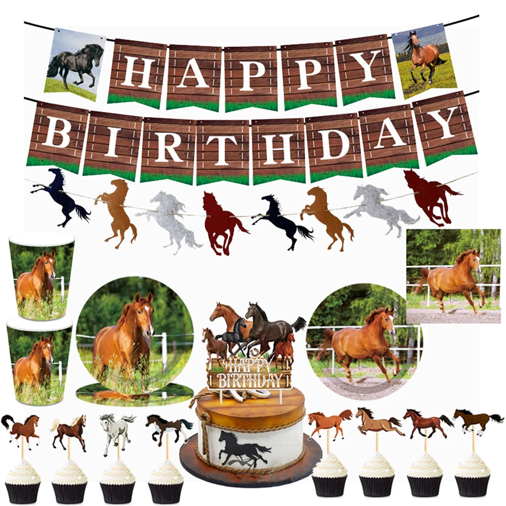 Vajilla desechable de caballo, platos, mantel, adorno para pastel de caballo, pancarta de feliz cumpleaños, guirnalda para decoración de fiesta de cumpleaños de caballo