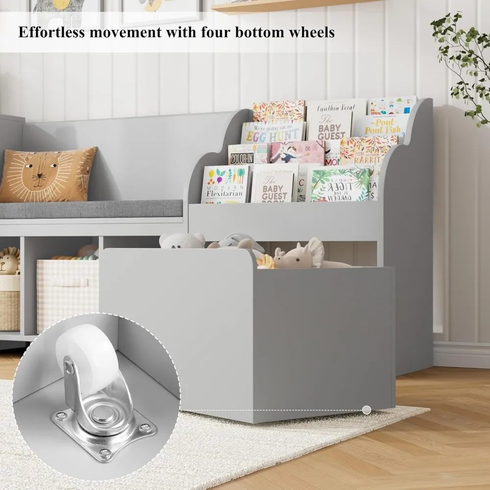 67-дюймовый детский уголок для чтения с скамейкой, детская книжная полка и книжный шкаф с подушкой для сиденья и 6 кубиками для хранения, ящик для хранения игрушек на колесиках