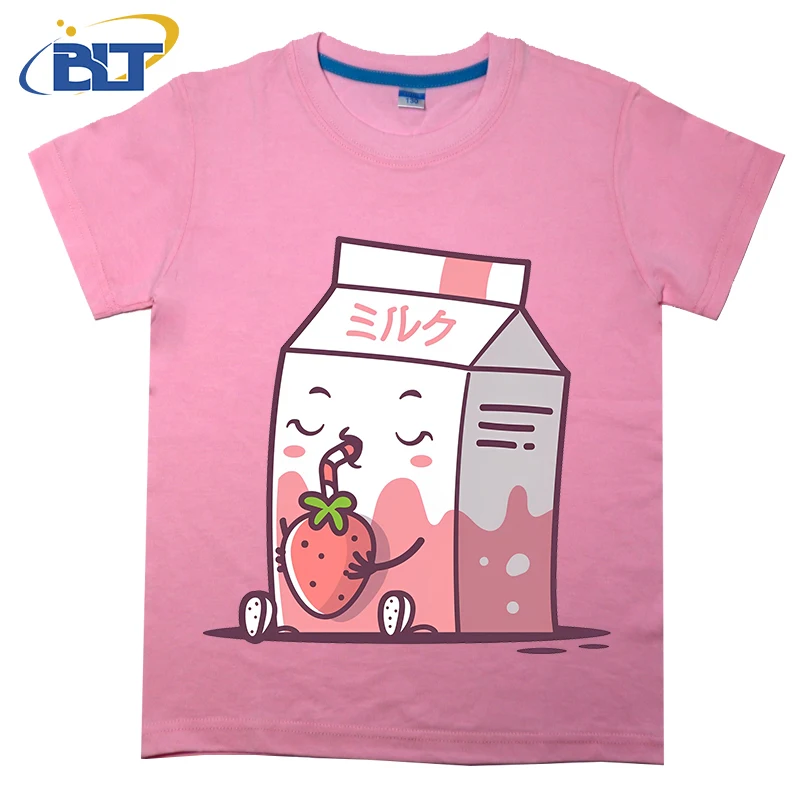 Aardbei Melk Kawaii Print Kids T-Shirt Zomer Kinder Katoenen Korte Mouwen Casual Tops Voor Jongens En Meisjes