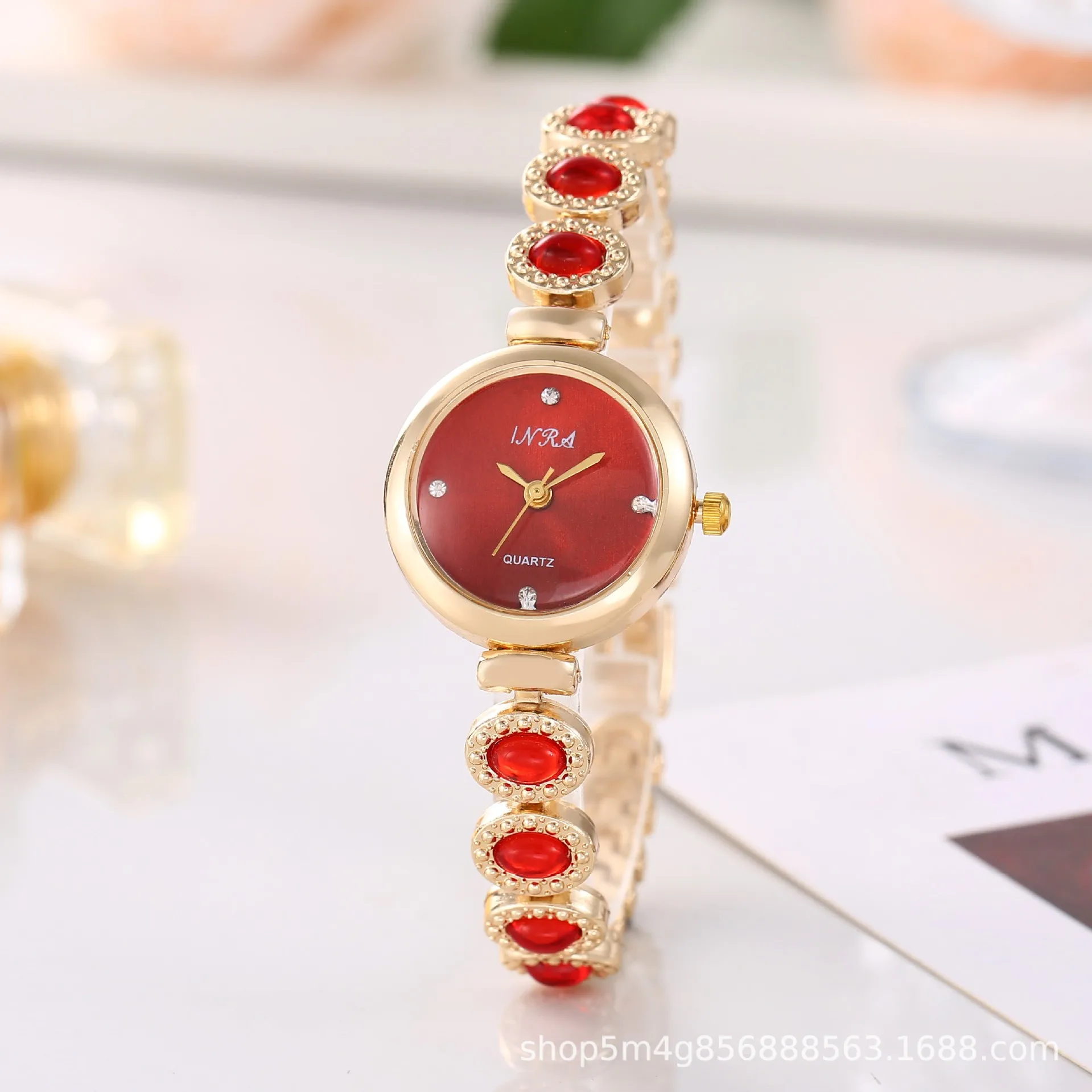 Premium - Small dial bracelet watch with antique style ruby dial for women -6913 waterdrop