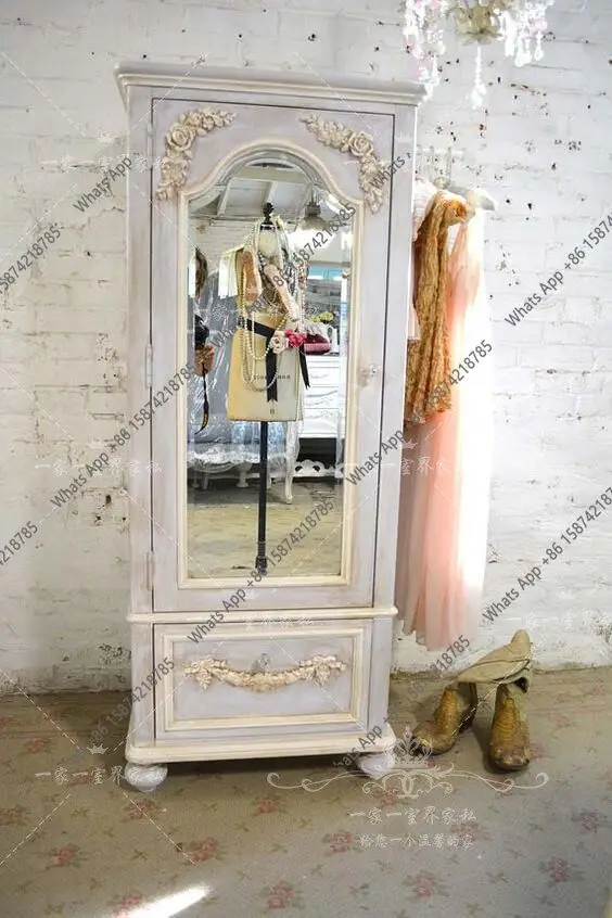 

N French Retro Old Solid Wood Carving Flower Wardrobe American Country Multi-functional Locker Pink Children's Single Door Wardr