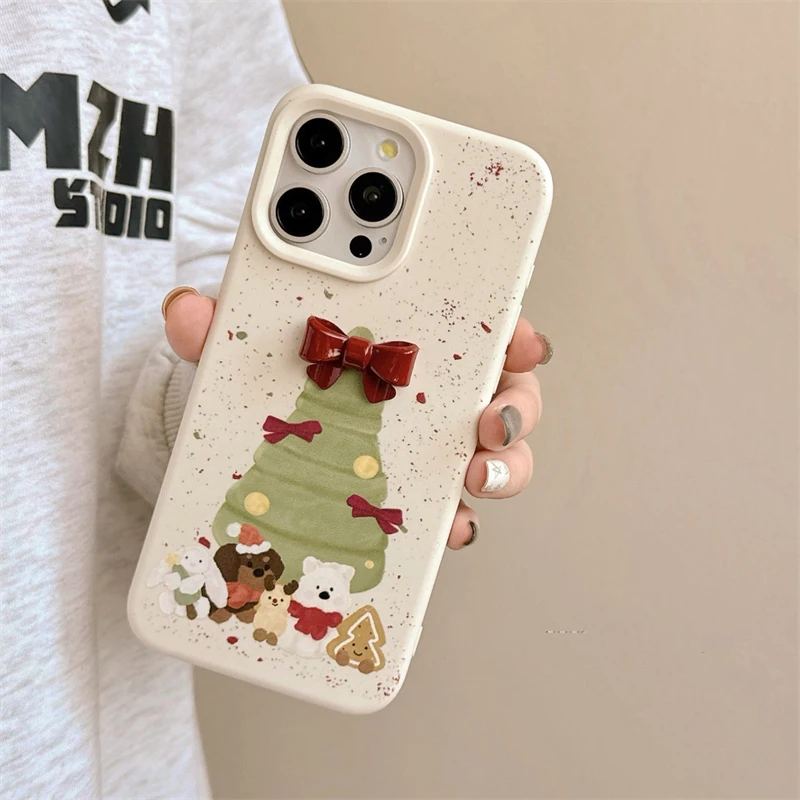 Ins Red Bowknot Christmas Tree Cute Animal Case For iPhone 12 13 14 15 16 Pro Max Plus Soft Silicone Phone Cover