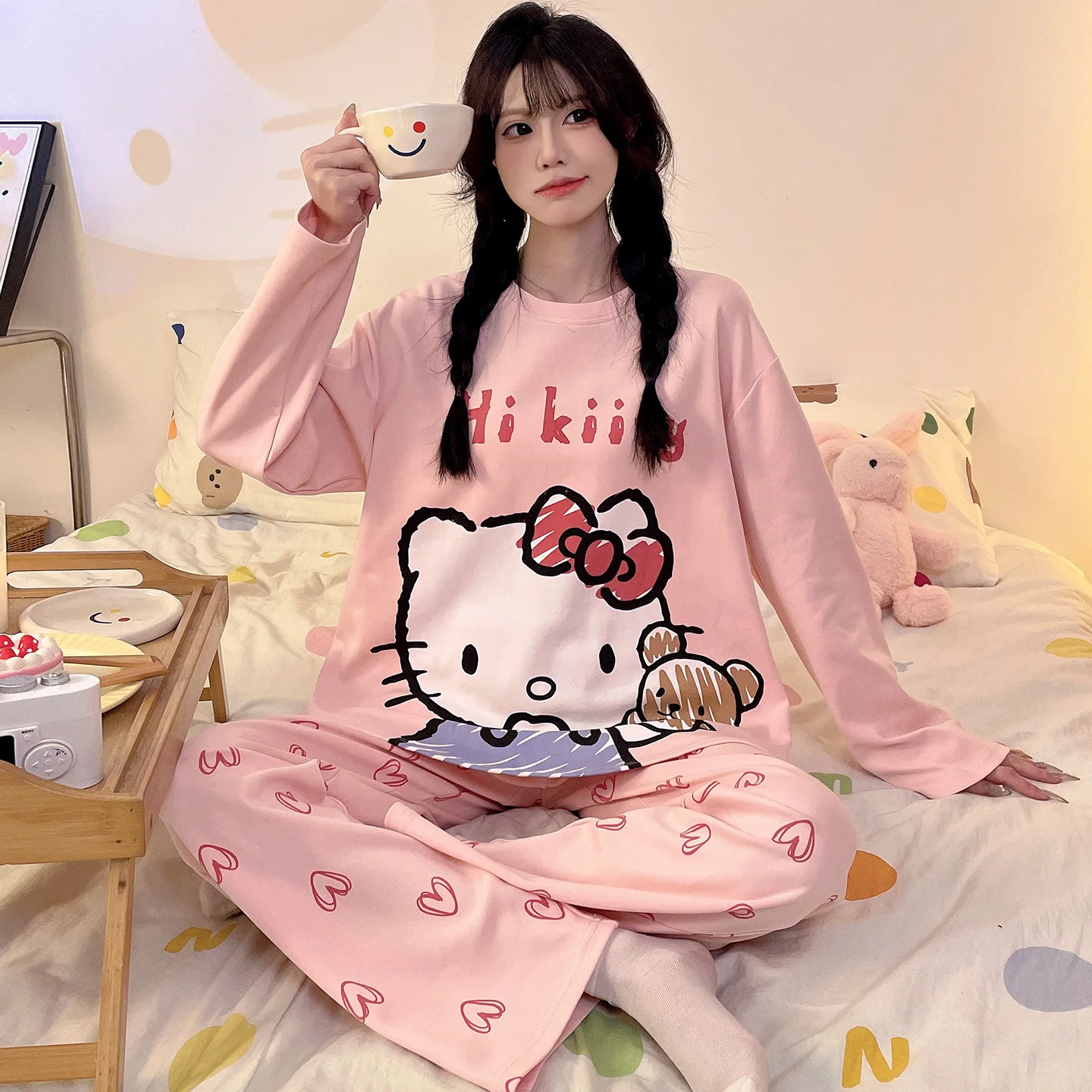 

Милая пижама Hello Kitty для девочек из чистого хлопка, весенне-осенний стиль, домашняя одежда с длинными рукавами