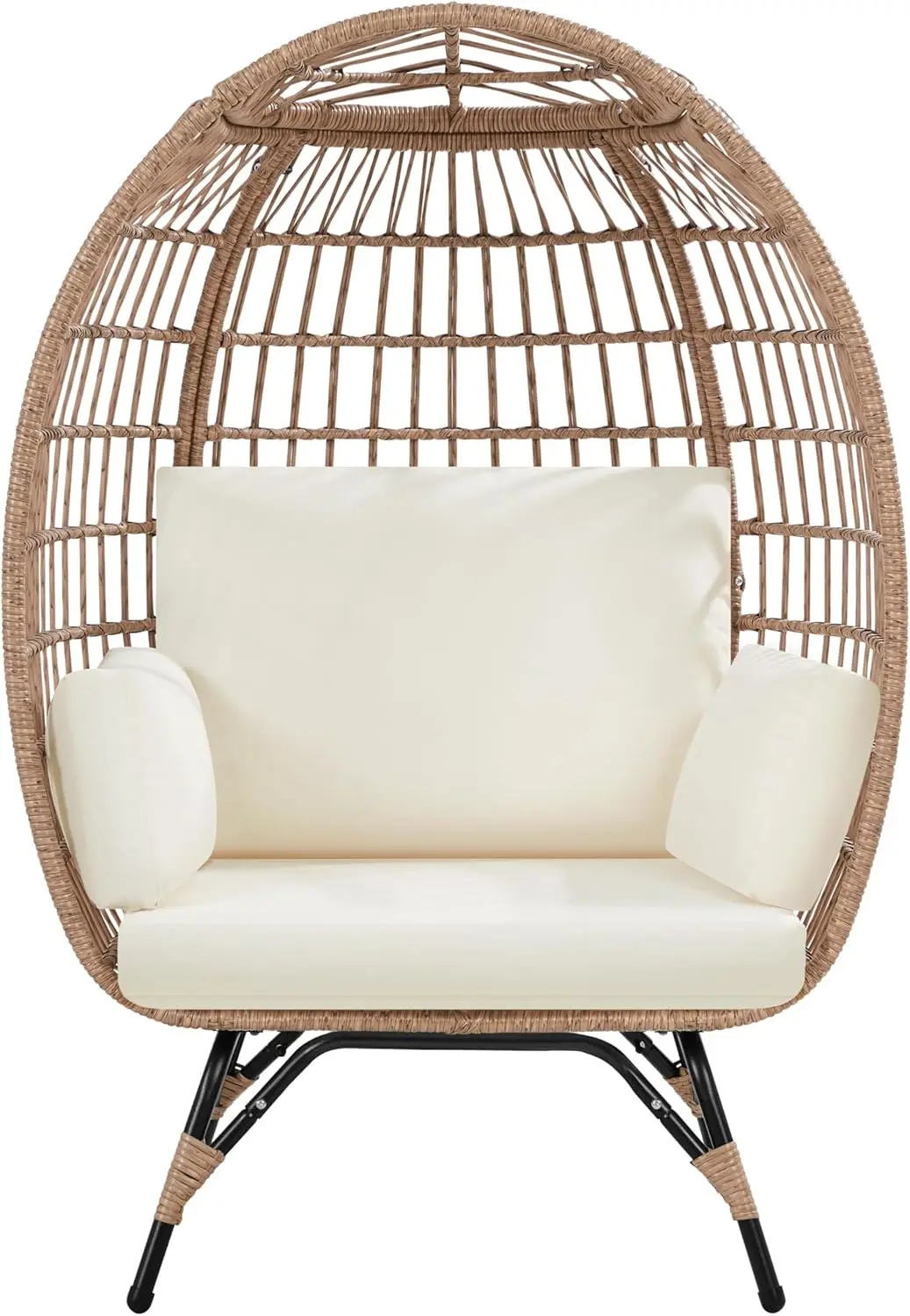 

Egg Rattan Chair, Oversized Indoor/Outdoor Egg-Shaped PE Basket Lounger with 4 Cushions, Metal Frame Stand, Light Brown/Ivory