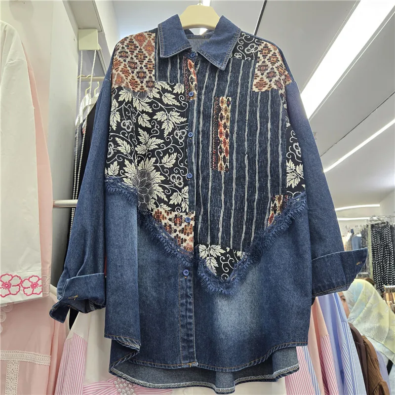 SuperAen 2026 Spring and Autumn New Design Lapel Splicing Floral Lace Contrasting Color Casual Retro Denim Shirt