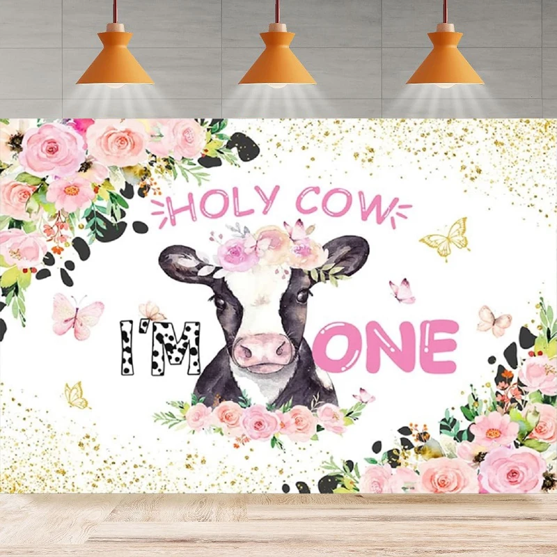 Holy Cow I'm One Photography Backdrop Holy Cow Im One Girl Pink Floral 1st Birthday Background Party Backdrop Wall Banner Decor