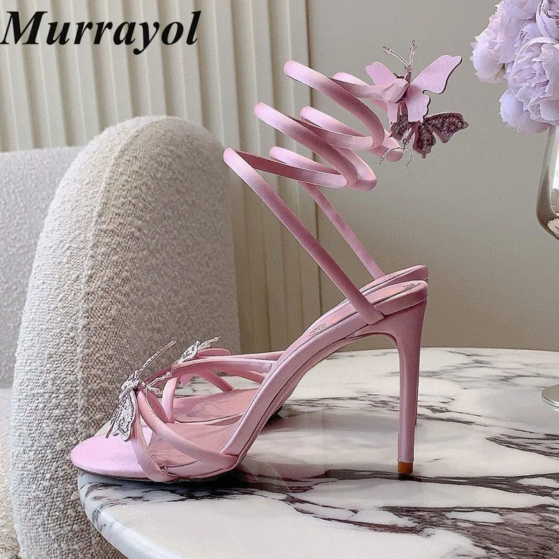 Bling Rhinestone Sandalias Butterfly Decor Thin High Heels Women Snake Shaped Elastic Strap Sandals Summer Party Fairy Shoes