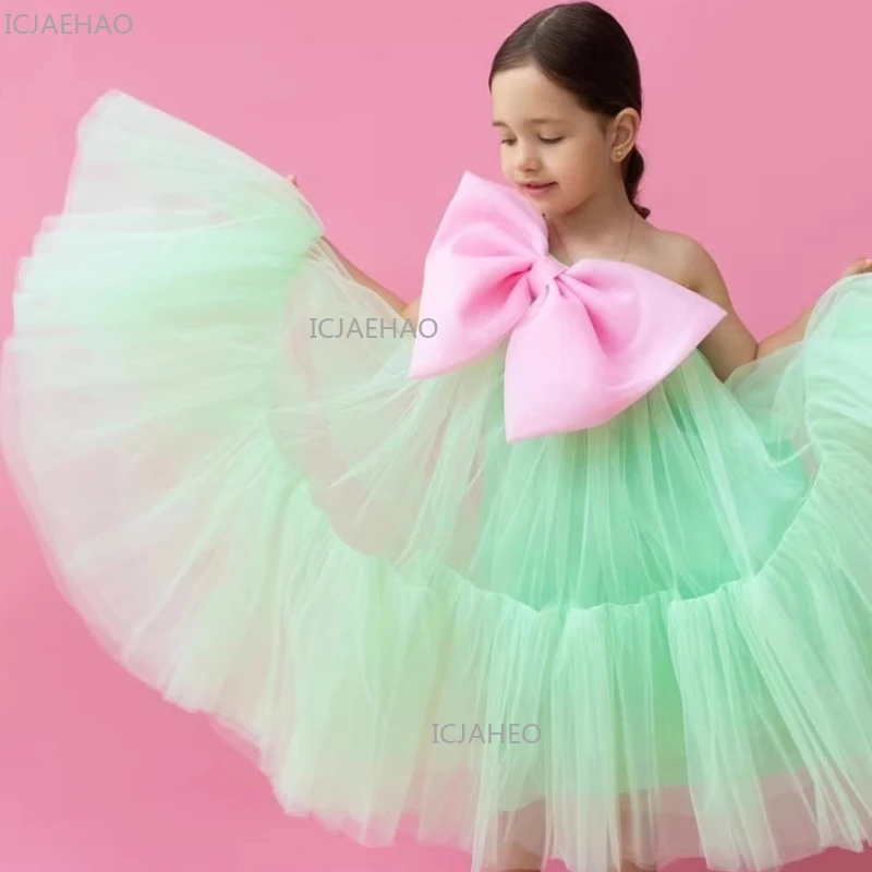 2026 Girls Summer Spaghetti Strap Dress Clothes Kids Pageant Bow Princess Gown Party Casual Outfit Elegant Children Costume