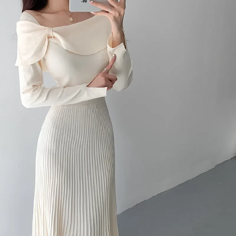 

2021 Women High Waist Slim Knitted Dresses Elegant Solid Pleated Dresses Gentle Noble Female Fall Winter Office Lady Vestidos