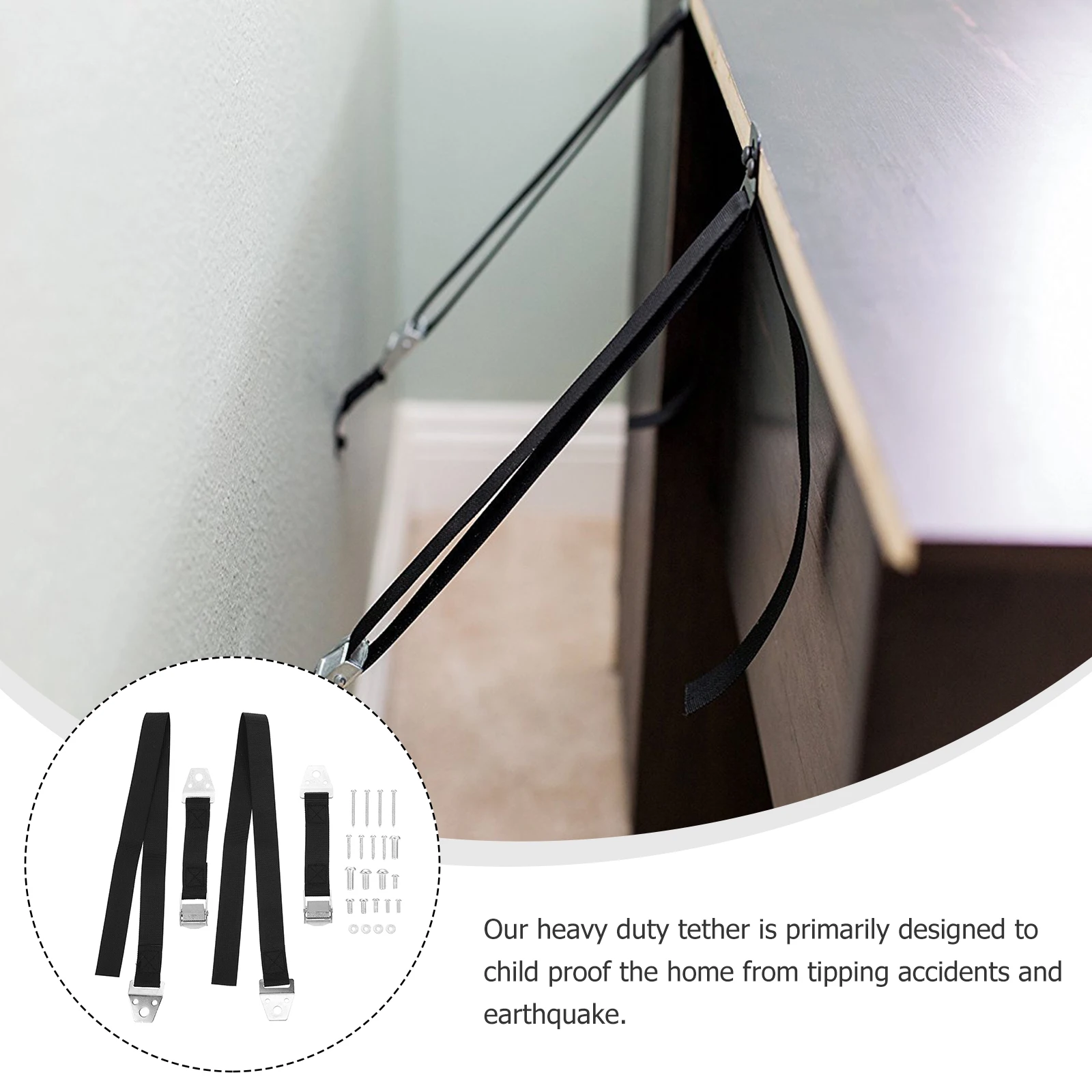 أشرطة تثبيت ذات طرف عالي التحمل لسلامة الأطفال، حزام أثاث من سبائك الزنك الأسود، أحزمة أمان قوية