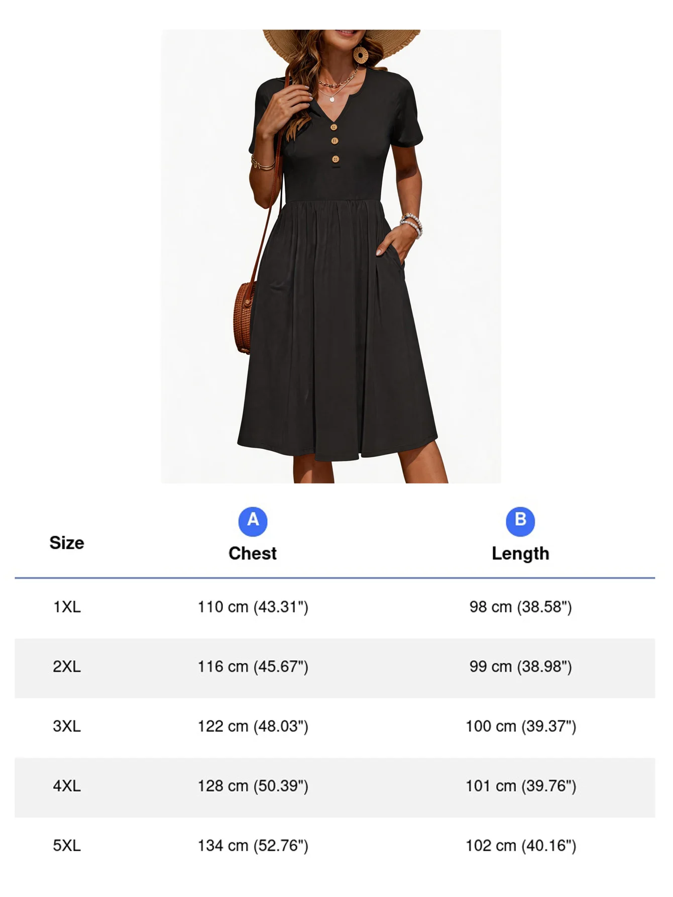 Plus-Size Damen Elastisches Midikleid mit V-Ausschnitt, Knopfverzierung, Kurzen Ärmeln, Lässiges A-Linien-Kleid mit Taschen für Damen – Detail 3