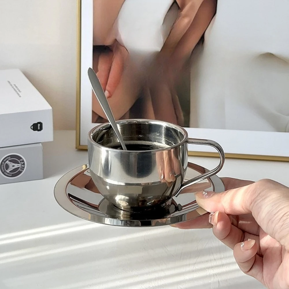 1 مجموعة فنجان القهوة الأوروبي الفولاذ المقاوم للصدأ فنجان القهوة كوب شاي بعد الظهر مع ملعقة صحن لملحقات المطبخ مقهى