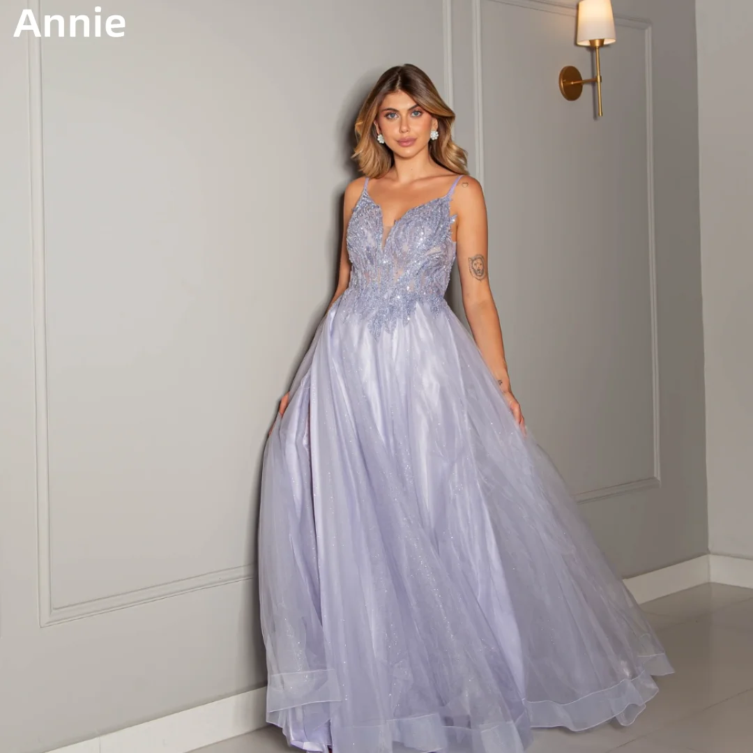 

Annie Gorgeous Sequin Embroidery Prom Dresses Purple Evening Dresses V-neck Sweet Glitter Tulle Vestidos De Fiesta Customized