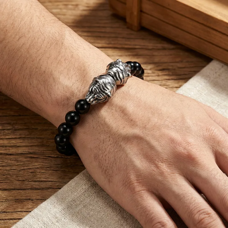 KALEN Viking-Style Men's Wolf Head Stainless Steel Bead Bracelet Glass Bead Animal Bracelet T Fashion Jewelry Graduation Gifts