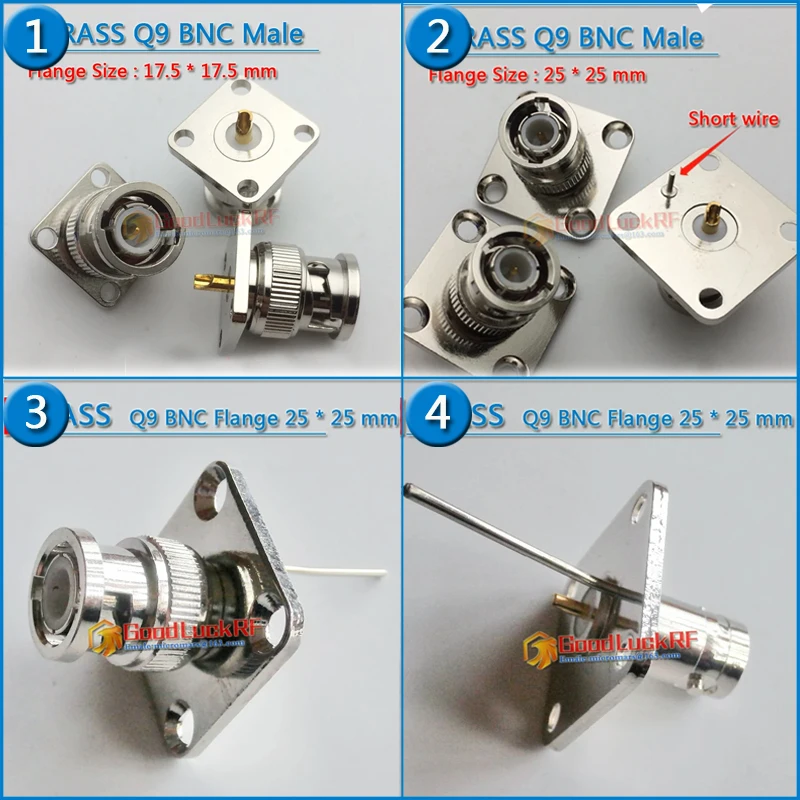 

Q9 BNC Male Female 4 hole Flange 25 * 25mm 17.5 * 17.5mm Panel Mount solder cup short long wire Brass RF Connection Adapters