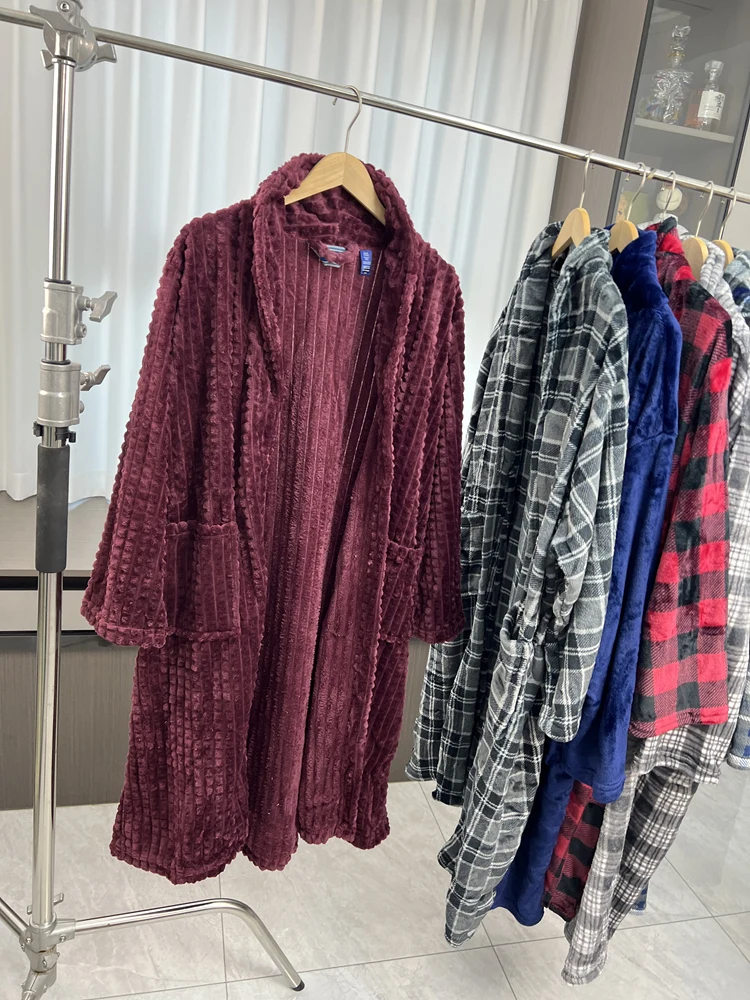 Thickened Fleece Double-sided Flannel Men's Long Sleepwear Robe Winter Warm Home Clothes Youth Pure Color Male Bathrobe
