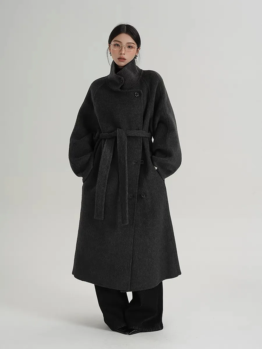 Advanced Gray Standing Collar Long Woolen Coat For Women'S Autumn And Winter Clothing, New Fashionable Double-Sided Woolen Coat