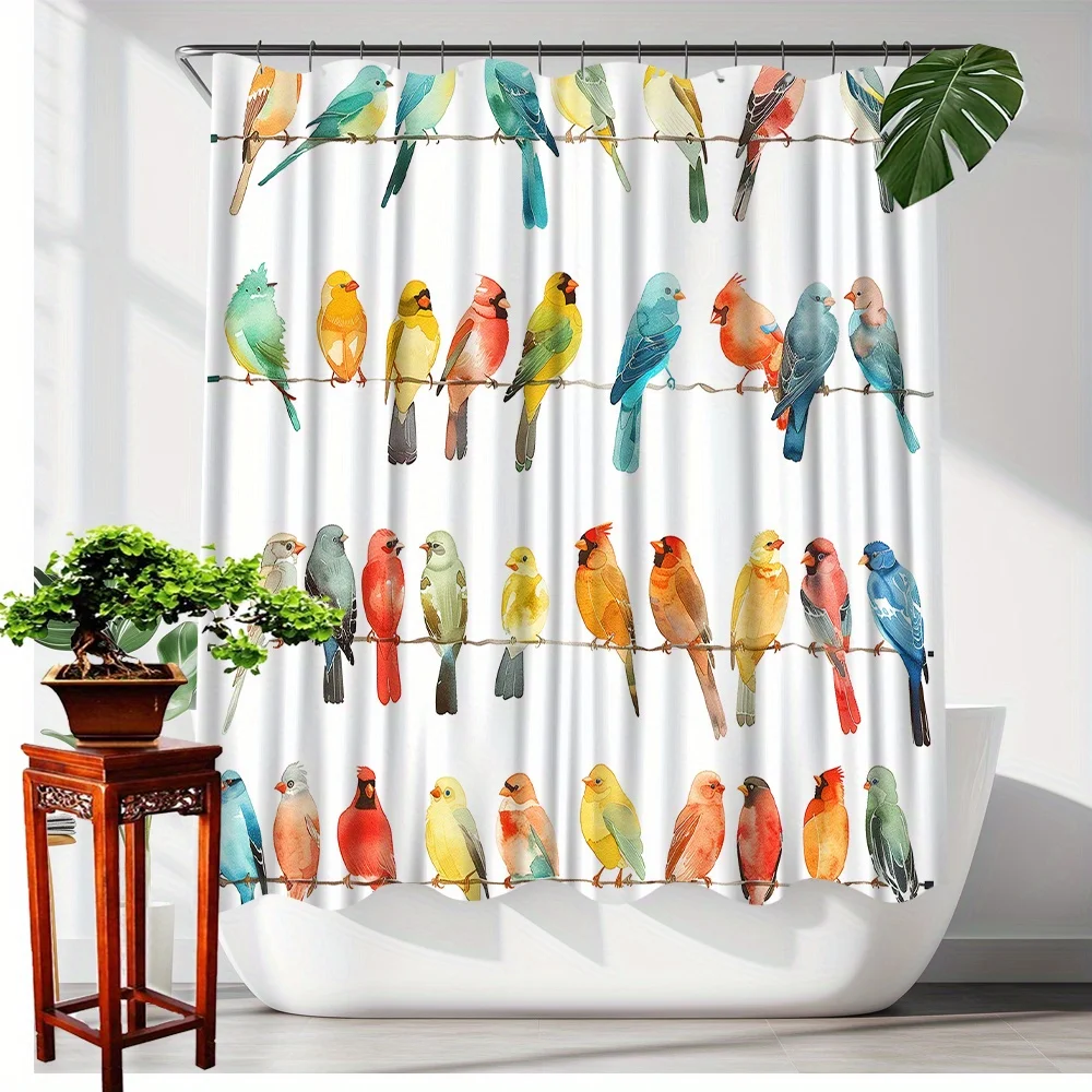 

Занавеска для душа с разноцветными птицами на проволоке — яркие узоры птиц, дизайн в стиле природы, идеально подходит для декора ванной комнаты и патио
