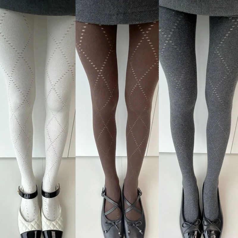 New Korean Retro Jacquard Knitted Rhombus Hollow Pantyhose Warm Base Grid Leggings Autumn Elastic Slim Stockings for Women Grils