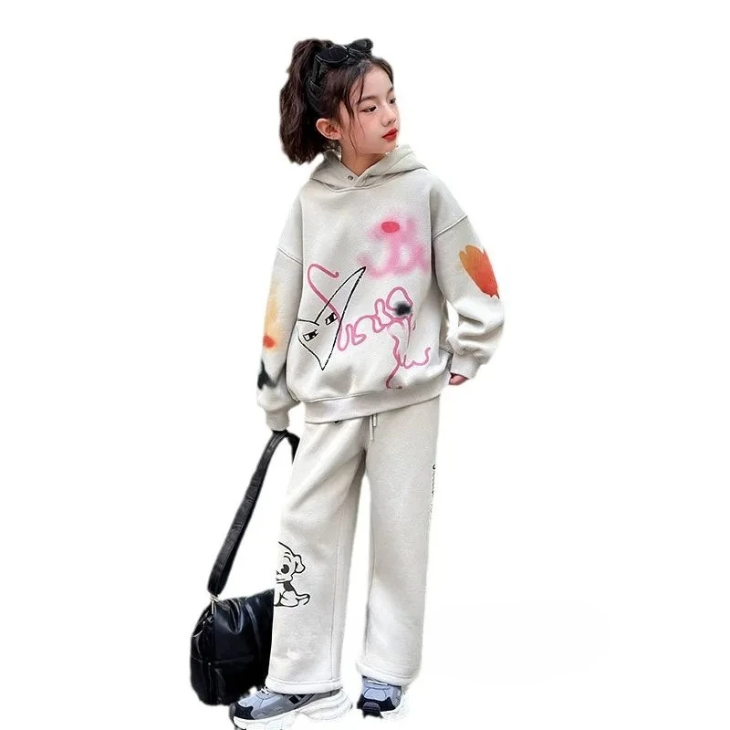 

Children set 4 8 9 10 12 year 2025 Autumn winter girls tracksuit Toddler Teenager Cloth dog velvet top hooded + Ankle-tied Pant