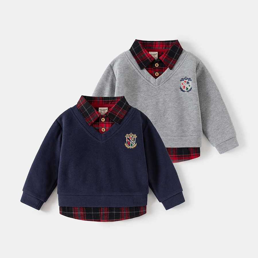 2026 Spring Children Clothes Hoodie Boys Preppy Style Fake Two-Piece Sweatshirt Plaid Collar Long Sleeve Embroidered Boys Top