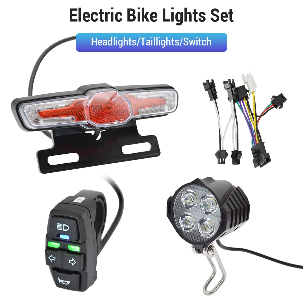 Bicycle Headlight and Tail Light Set Ebike Turn Signals Front and Back Light Electric Bike Light Horn Kits with Switch 24-48V