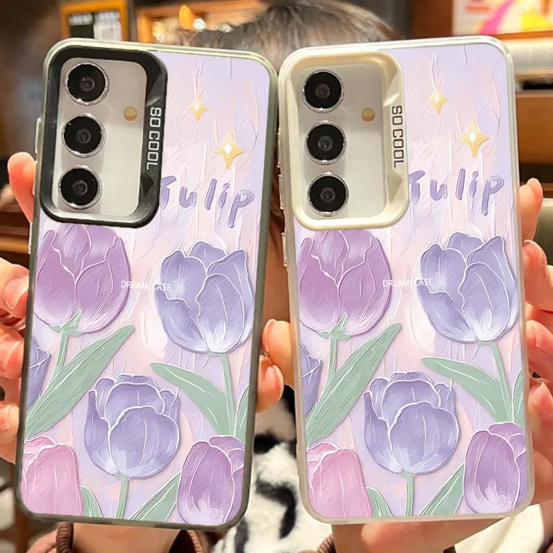 Cartoon Purple Tulip Art Cover For Samsung Galaxy Note 20 S20 Plus Lite Ultra FE 5G Matte Colored Silver Phone Case