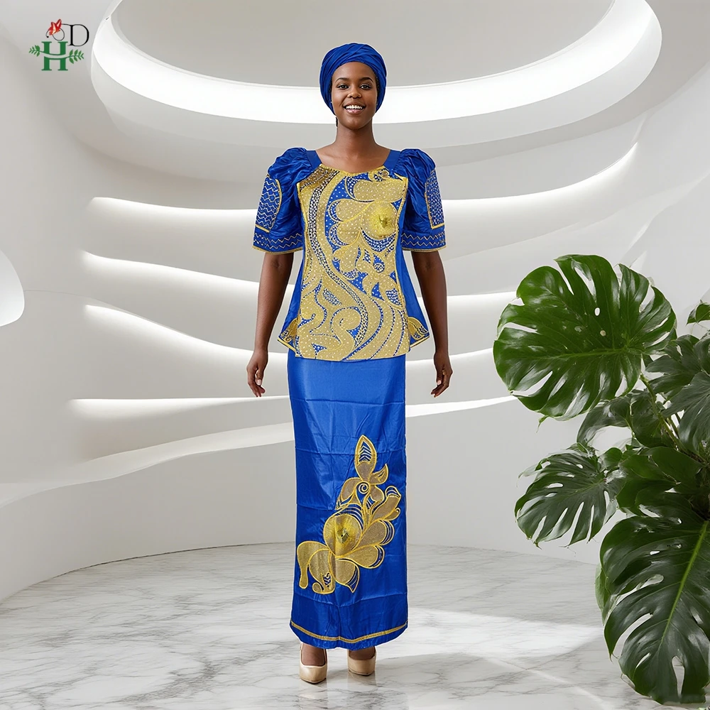 

H&D African Clothes For Women Traditional Dress Embroidery Diamond Wedding Party Robes Trads Wear Puff Seeves 2PCS Top Skirt Set