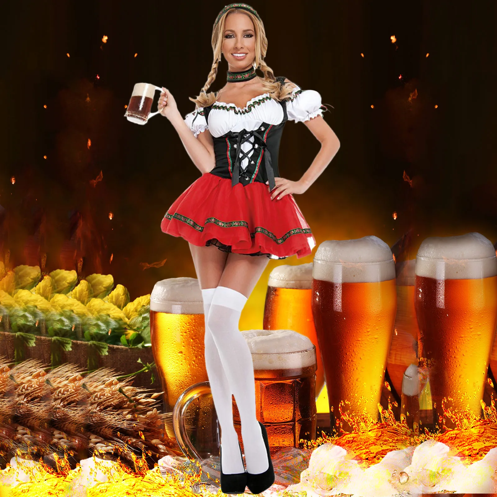 

Oktoberfest Women's Dress Barmaid Maid Dress Bavarian Traditional Dress Short Sleeve Waistband Mini Skirt Special Festival Dress