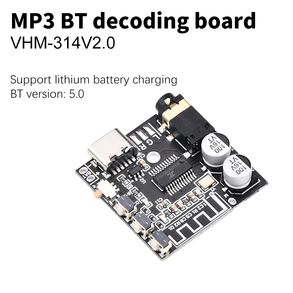 

VHM-314-V2.0 Bluetooth Audio Receiver Board Bluetooth 5.0 Mp3 Lossless Decoder Board Wireless Stereo Music Type-c Module 3.3V 5V