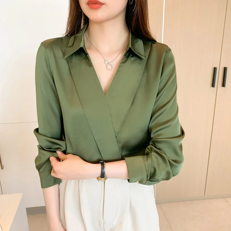 2024 Spring Fashion Solid V-neck Chiffon Blouses Women Clothing Soft Loose Commuting Casual Shirt Top Chiffon V-neck Pullovers