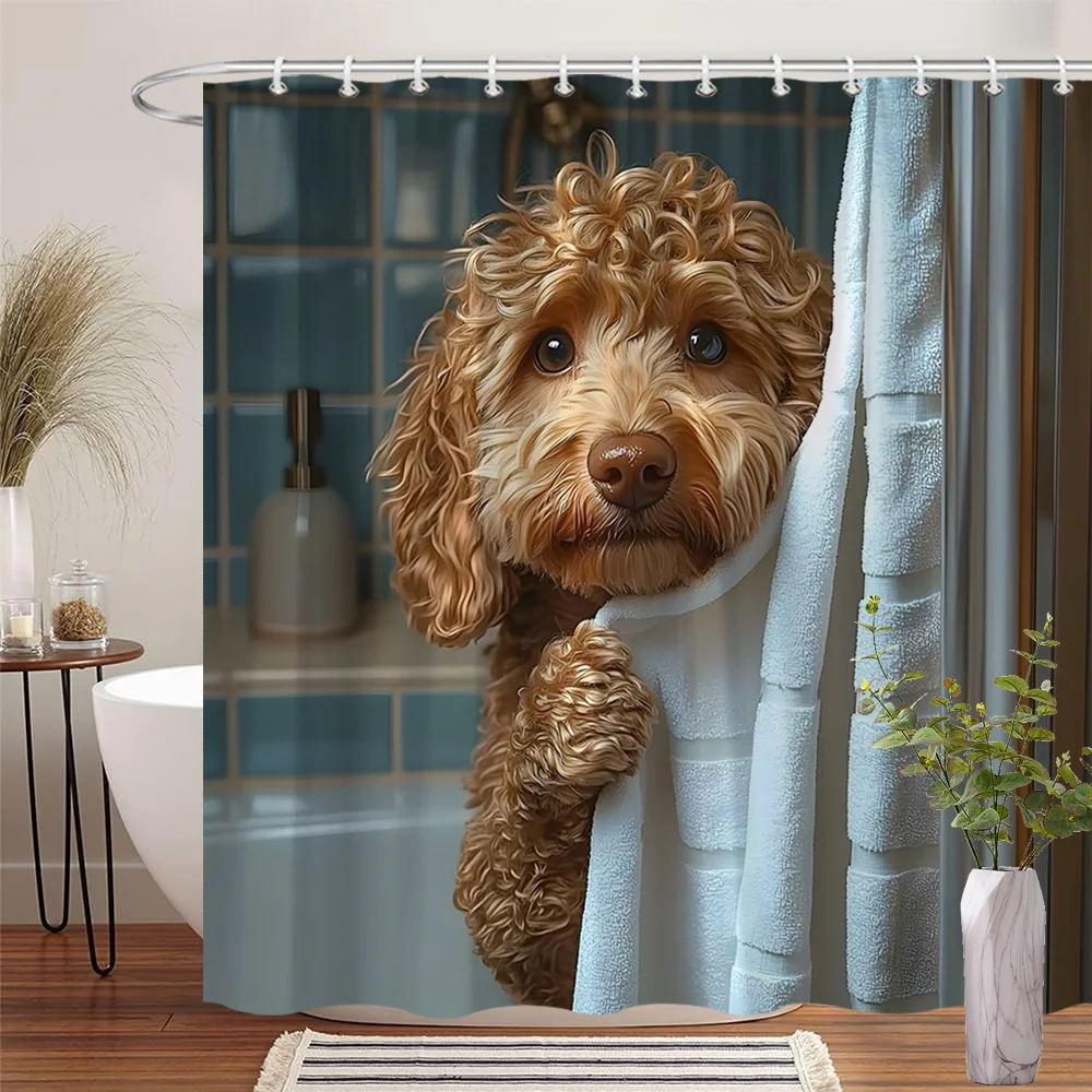 Realistic Poodle Dog Shower Curtain, Curly Gold Pet Peeking Towel Tile Print Waterproof Bath Curtain with Hooks Family Washroom