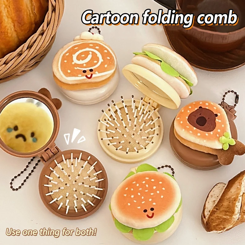 Capybara Fold Air Cushion Comb W/Mirror Plush Hamburger Doll Pendant Massage Hair Brush Hairdressing Tool Girls Gift