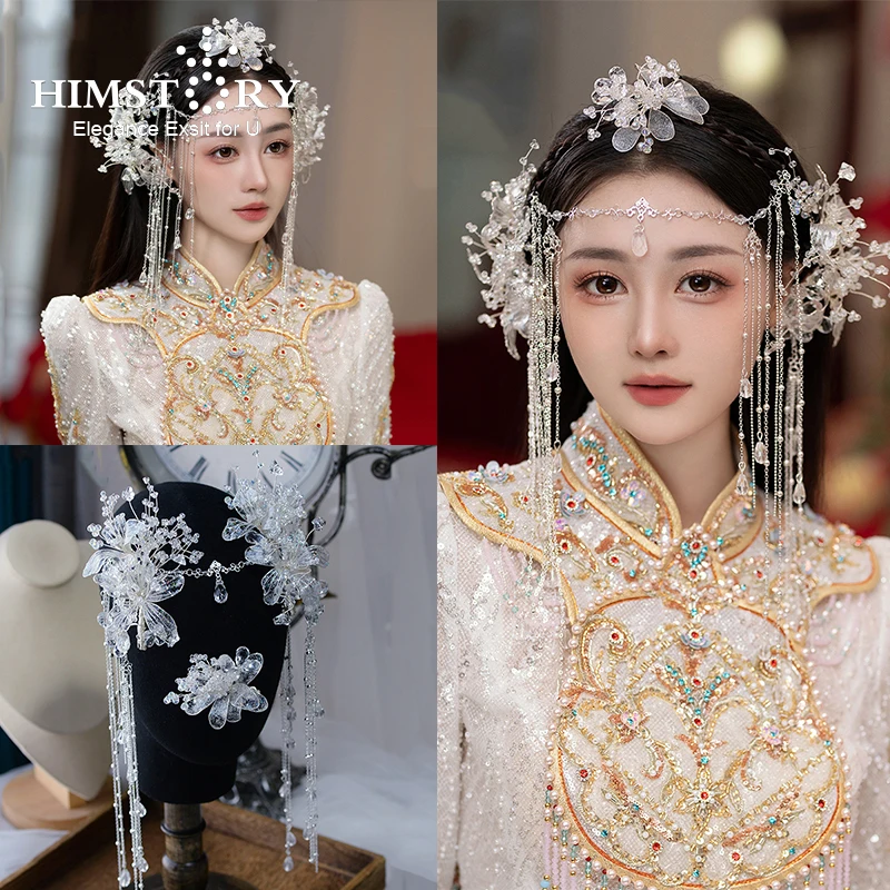 Himstory Fairy Chinese Vintage Clear Liquid Flower Hairbands Bridal Barrettes Headdress Crystal Wedding HairpinsHair Accessory