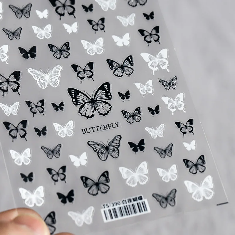 5D Black White Butterfly Nail Art Stickers Ultra-thin Slider Decoration Transparent Decals Black/White Self Adhesive Sticker DIY