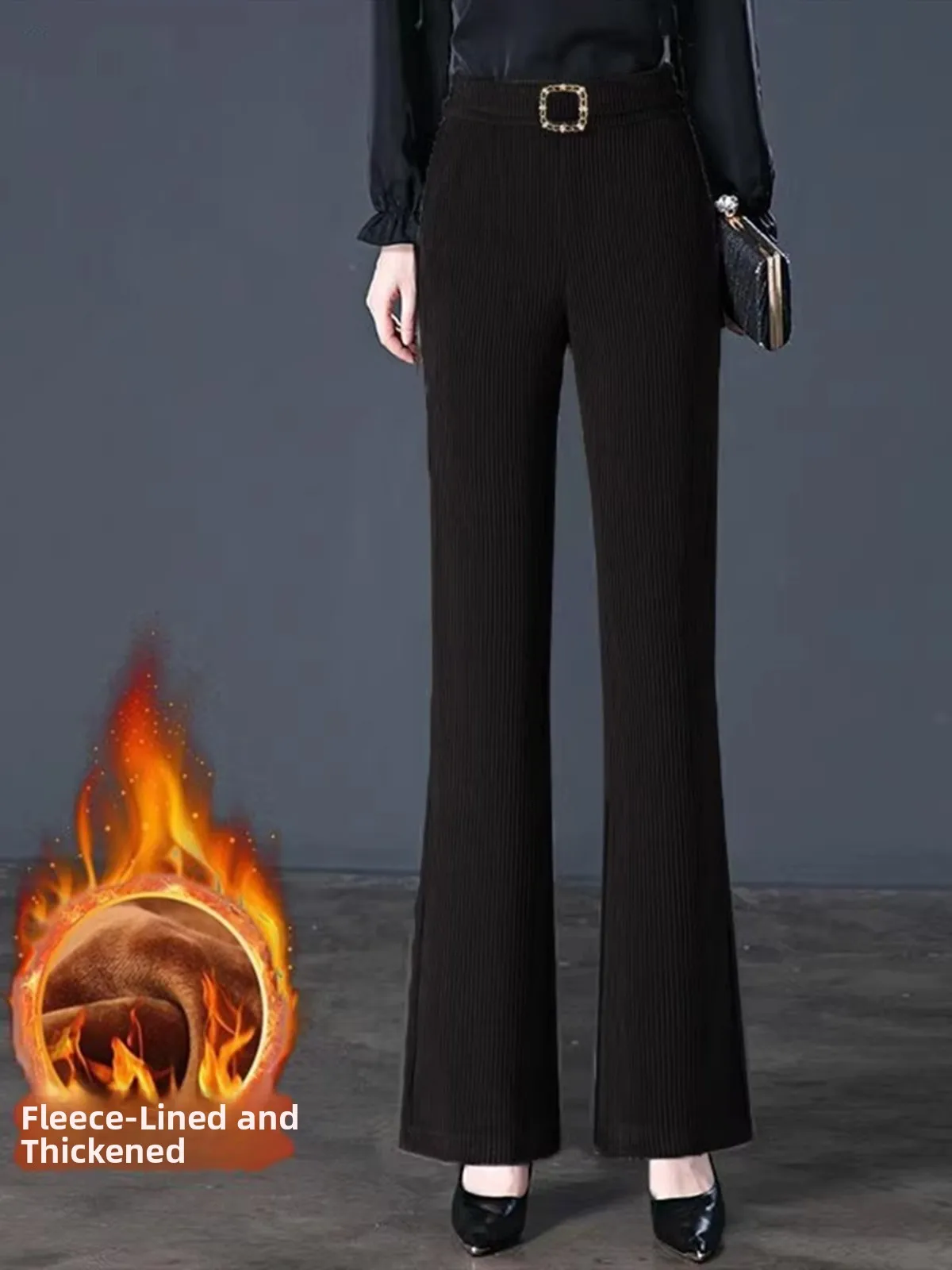 Women's High Waist Fleece Lined Flared Pants Thick Wide Leg Sports Trousers Korean Style Casual Pants Winter Collection