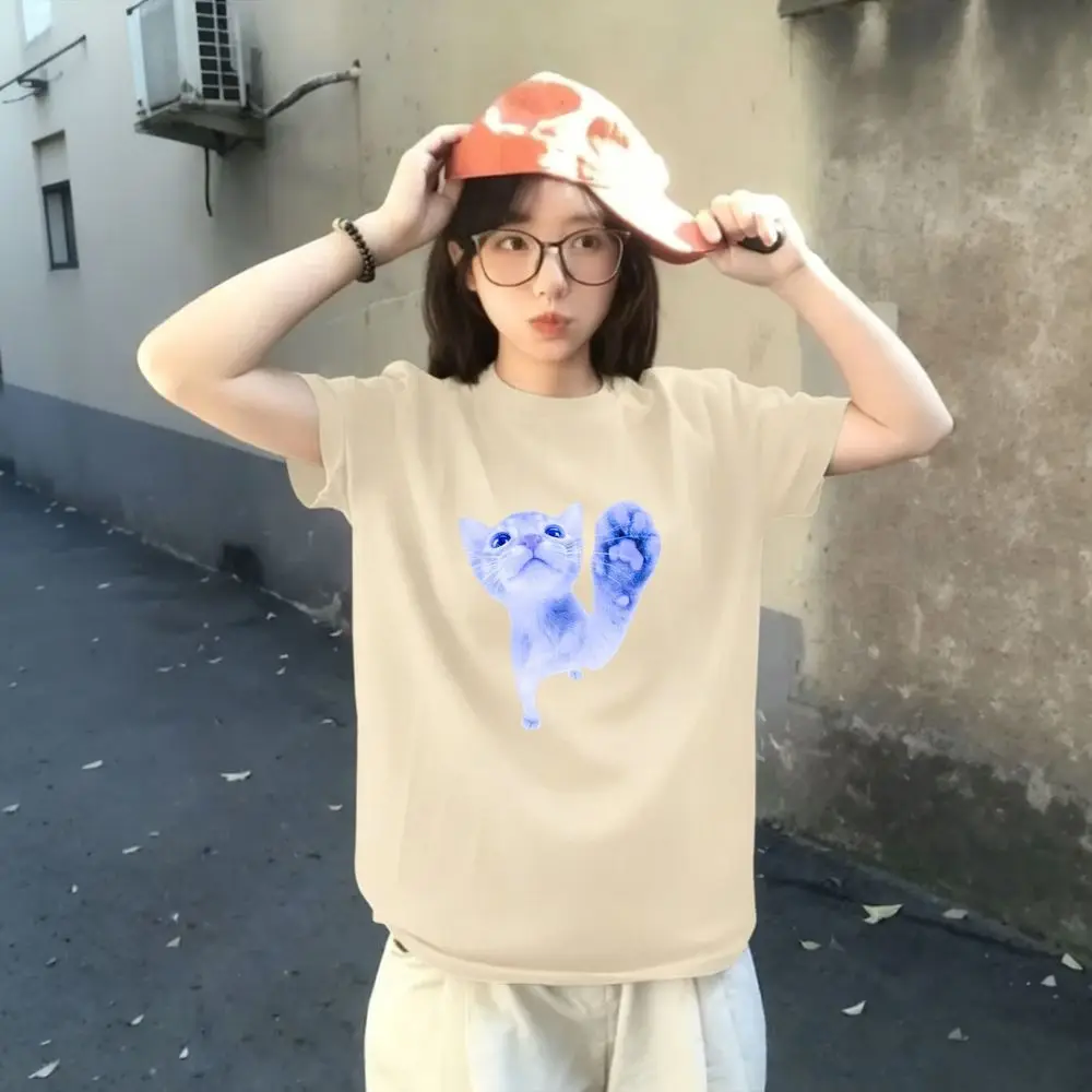Y2k Blue Cat Graphic Clothes for Women Summer 2000s Short Sleeve Kitten Print Kawaii Female Free Delivery Shipping Clothes Woman