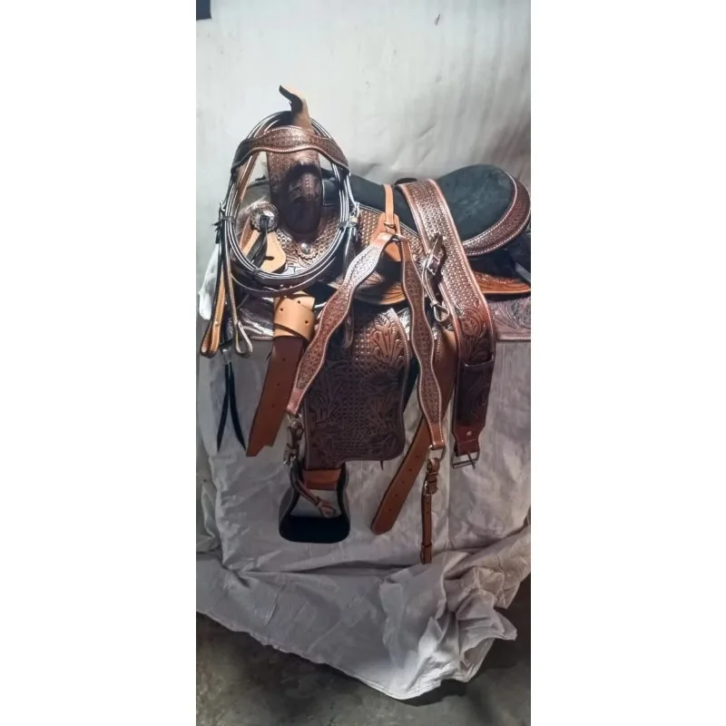 Western Saddle Set English Buffalo Leather Horse Plastic/Wood Tree Floral Carving Heavy Duty Shock Absorption