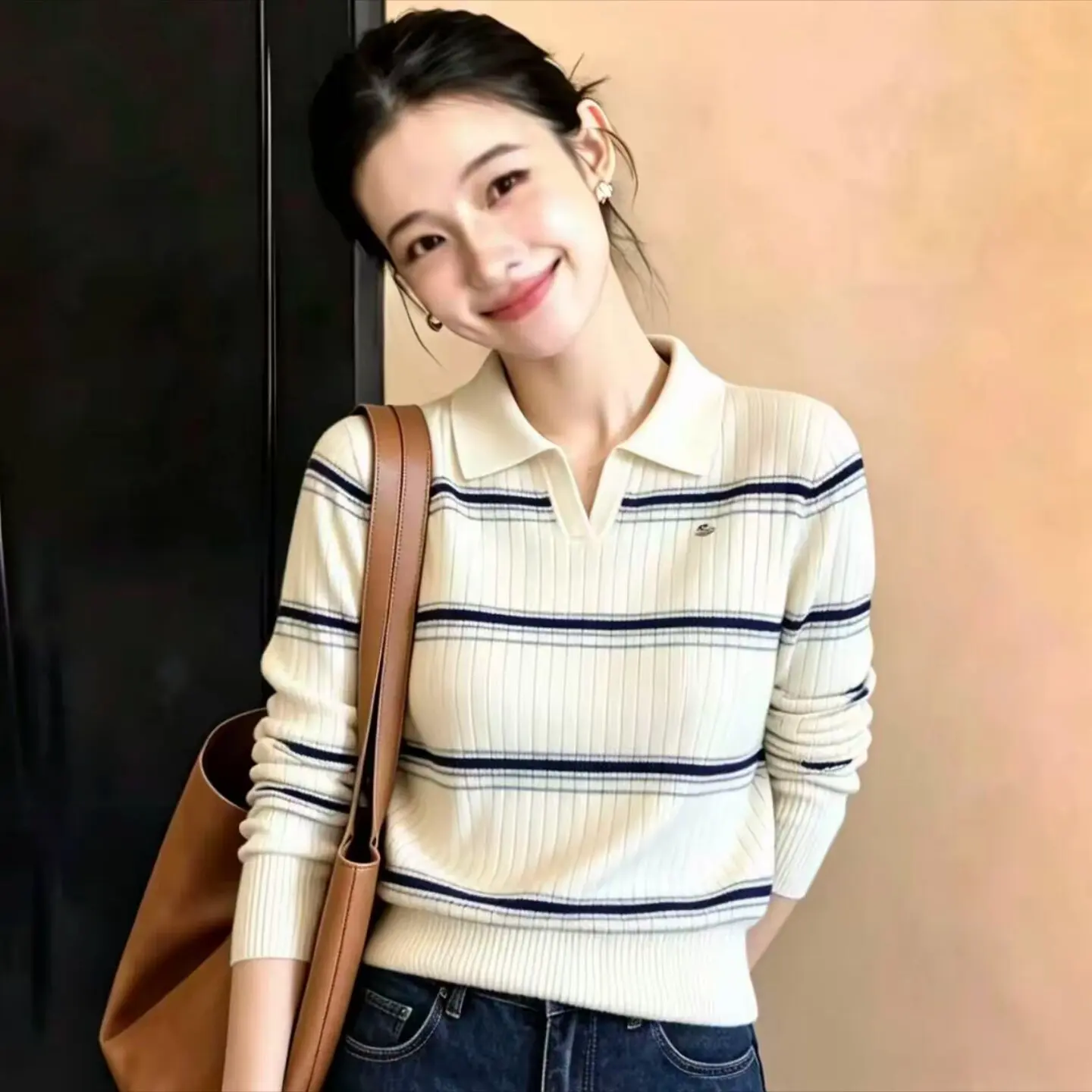 Polo neck niche contrast striped sweater autumn fashion loose age-reducing top